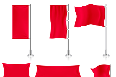Realistic red advertising fabric textile banners and flags vector set