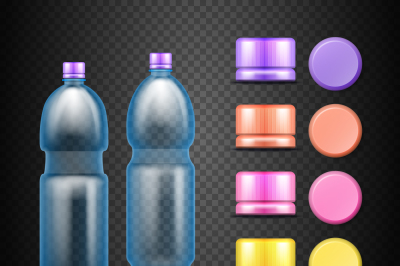 Vector empty plastic water drink bottles with set of multicolored caps