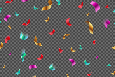 Falling shiny paper confetti pieces isolated on checkered background. 