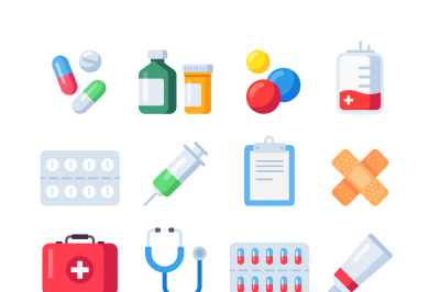 Flat pill icons. Medication dose of drug for treatment. Medicine bottl