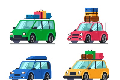 Travel cars. Car with tourism gear and baggage for family travels. Hyb