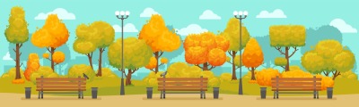 Cartoon autumn park panorama. Autumnal city parks road with yellow and