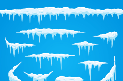 Cartoon icicles ice cap. Winter frosted snow frame for snowfall sign. 