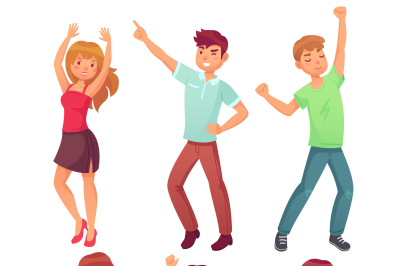 Cartoon dancing people. Happy dance of excited teenager&2C; young women m