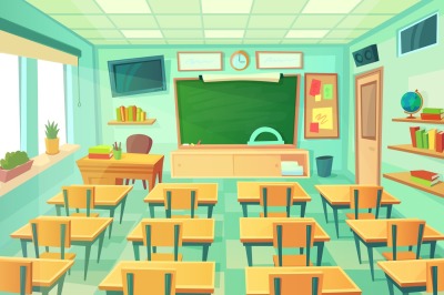 Empty cartoon classroom. School room with class chalkboard and desks. 