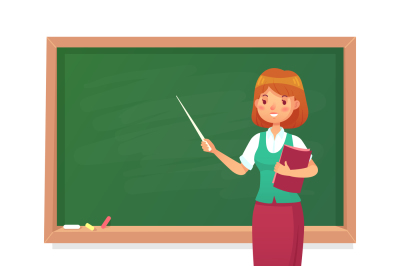 Chalkboard and teacher. Female professor teach at blackboard. Lessons 