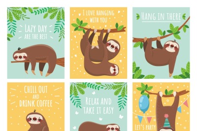 Greeting card with lazy sloth. Cartoon cute sloths cards with motivati