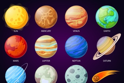 Cartoon solar system planets. Astronomical observatory planet, meteor 