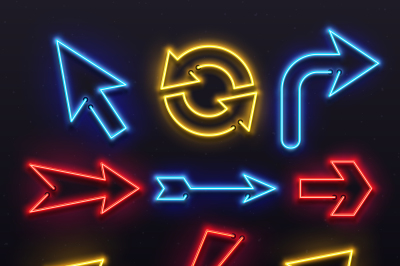 Neon light arrows. Colorful bulb lines arrow. Nightlife tube lights ar