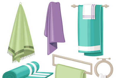 Cartoon bath towel. Cloth towels hanging in bathroom isolated vector s