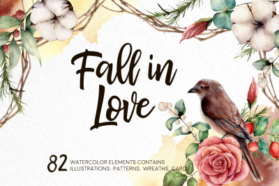 Fall in love. Watercolor bundle