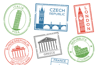 Vintage travel stamps for postcards with europe countries architecture