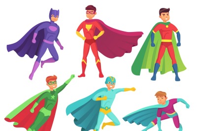 Superhero man characters. Cartoon muscular hero character in colorful 