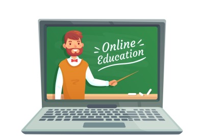 Online teacher education. Professor teach at school blackboard on lapt