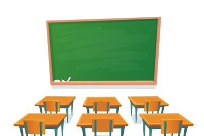 School chalkboard and desks. Empty blackboard, classroom wooden desk a