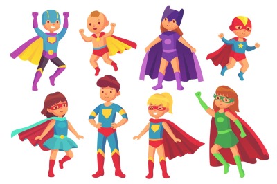 Cartoon superhero kids characters. Joyful kid wearing super hero costu