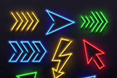 Realistic neon arrows. Night arrow sign lamp lights. Shining arrowhead