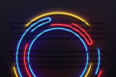 Circle neon lights frame. Colorful round tube lamp light on frame. Ele