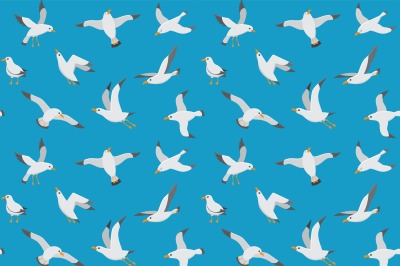 Seagulls seamless pattern. Cartoon gull flying over sea. Marine vector