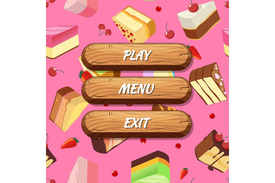 Vector cartoon style wooden buttons with text for game design on cake 