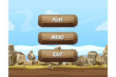 Vector cartoon style stone buttons with text for game design on rocks 