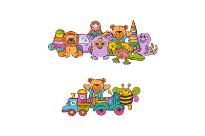 Vector set of big kid toys piles hand drawn 