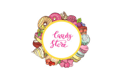 Vector hand drawn colored sweets around circle with place for text