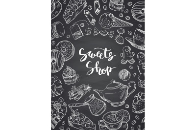 Vector hand drawn contoured sweets on chalkboard poster illustration 