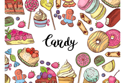 Vector hand drawn colored sweets horizontal background illustration