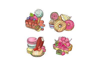 Vector hand drawn sweets piles set