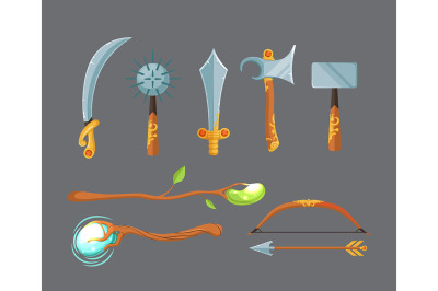 Vector set of fantasy cartoon game design swords, axes, staffs and bow