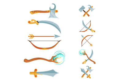 Vector set of fantasy cartoon game design crossed and in the row sword