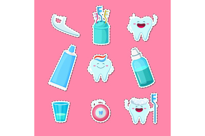 Vector cartoon teeth hygiene stickers isolated on plain background