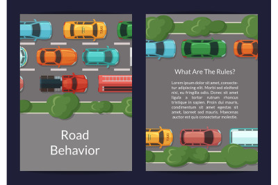 Vector cars on the road with grass and trees on the sidelines top view