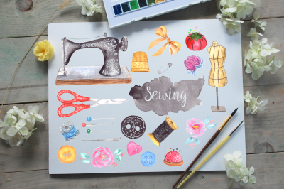 Watercolor Sewing Clip Art Set