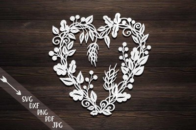 Harvest Thanksgiving heart wreath paper machine cut svg pdf dxf