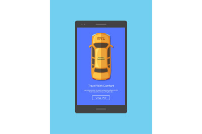 Vector taxi car top view order app screen for smartphone template