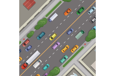 Vector city road with cars with buildings&2C; grass and trees on sideline