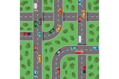 Vector top view highways with cars and with trees in between top view 