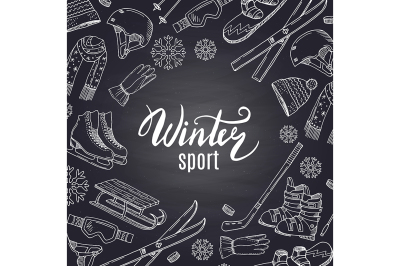 Vector hand drawn winter sports equipment and attributes 