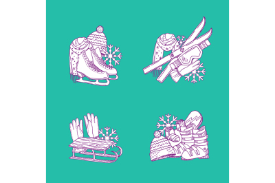 Vector hand drawn winter sports equipment piles set