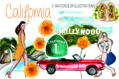California / LA watercolor illustrations set of 9