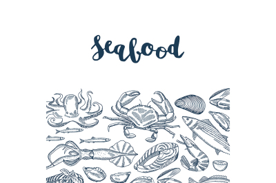 Vector background illustration with hand drawn seafood elements 