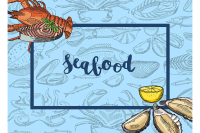 Vector frame with hand drawn seafood elements