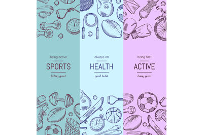 Vector hand drawn sports equipment vertical banner templates