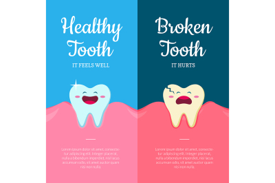 Vector concept illustration with cartoon healthy and ill broken teeth