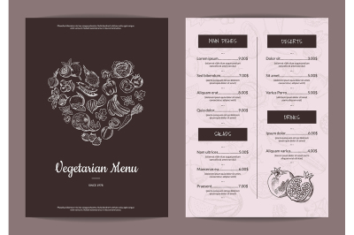 Vector handdrawn heart shaped fruits and vegetables menu template