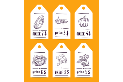 Vector price tag set with doodle sketched fruits and vegetables