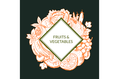 Vector doodle sketched fruits and vegetables vegan