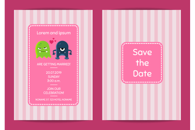 Vector wedding invitation template with cute monster couple on stripes